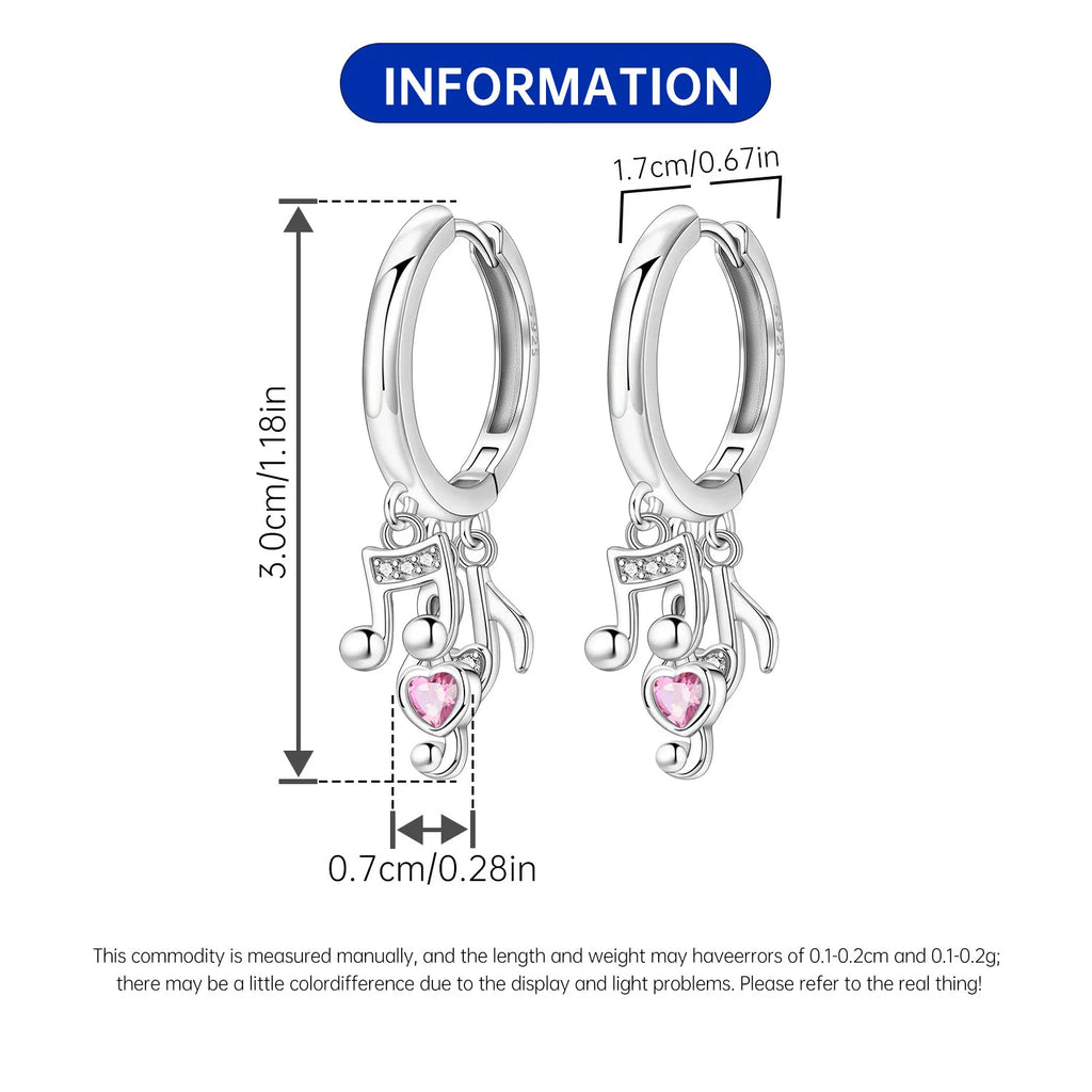 925 Sterling Silver Pink Heart Musical Note Drop Earrings Fashion Jewellery