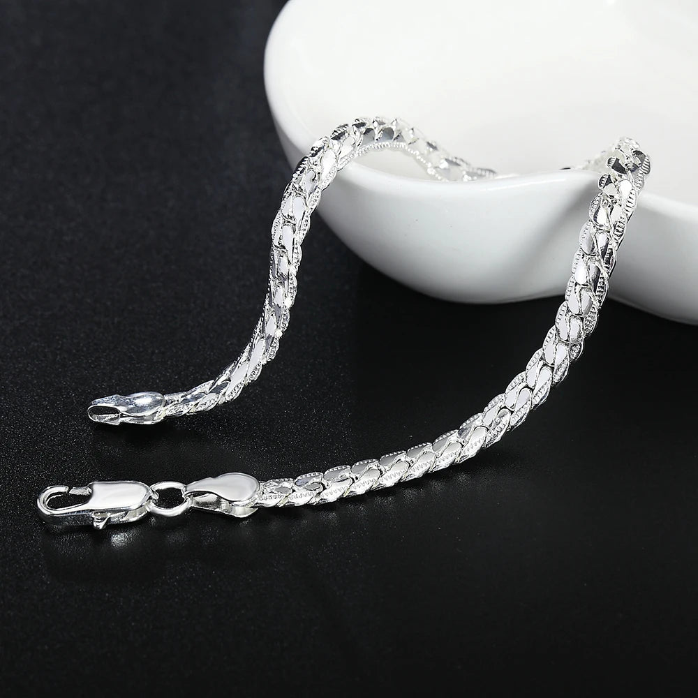 Classic Flat Sideways Chain Bracelet 925 Sterling Silver Men Women Jewellery