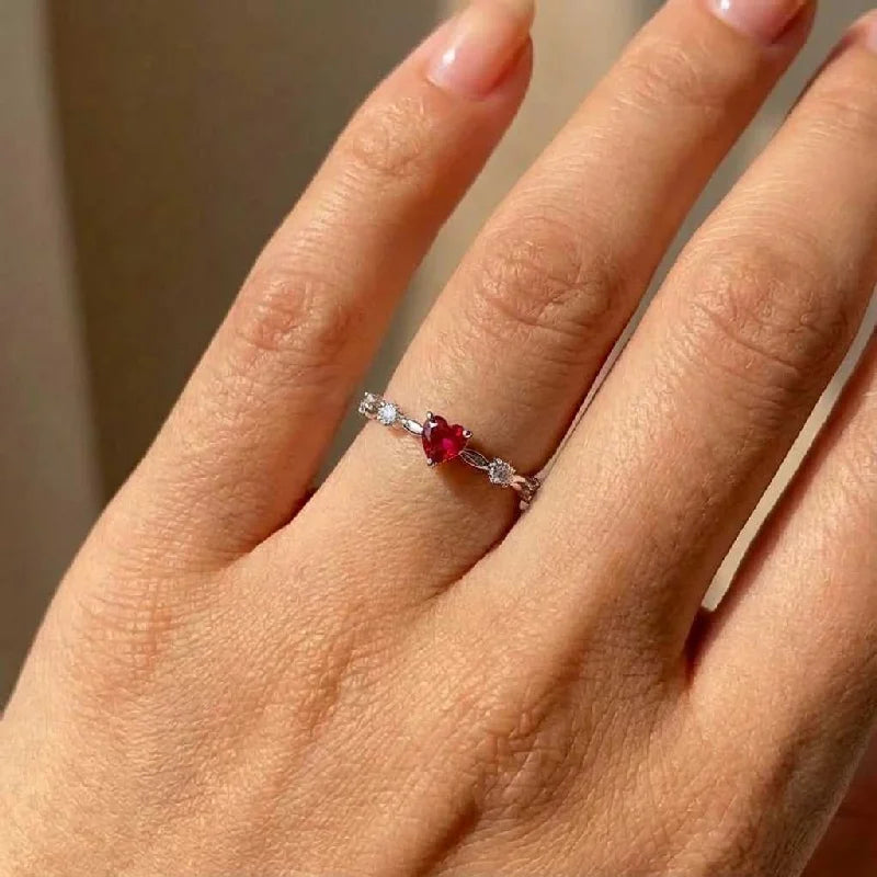 925 Sterling Silver Plated 18K Gold Zircon Red Love Heart Ring Party Wedding Vintage Fine Jewellery