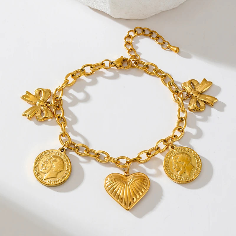 Golden Sun Moon Starfish Stainless Steel Bracelet Handmade Wrist Chain
