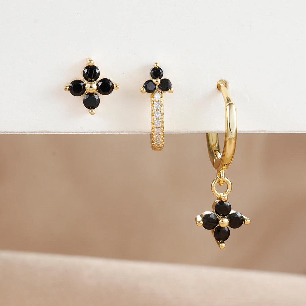 3PCS Fashion Stainless Steel Flower Small Hoop Earrings Set 18K Gold