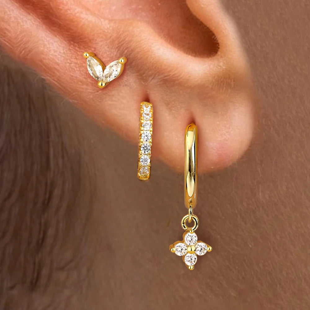 3PCS Korean Stainless Steel Butterfly Crystal Zirconia Hoop Earrings