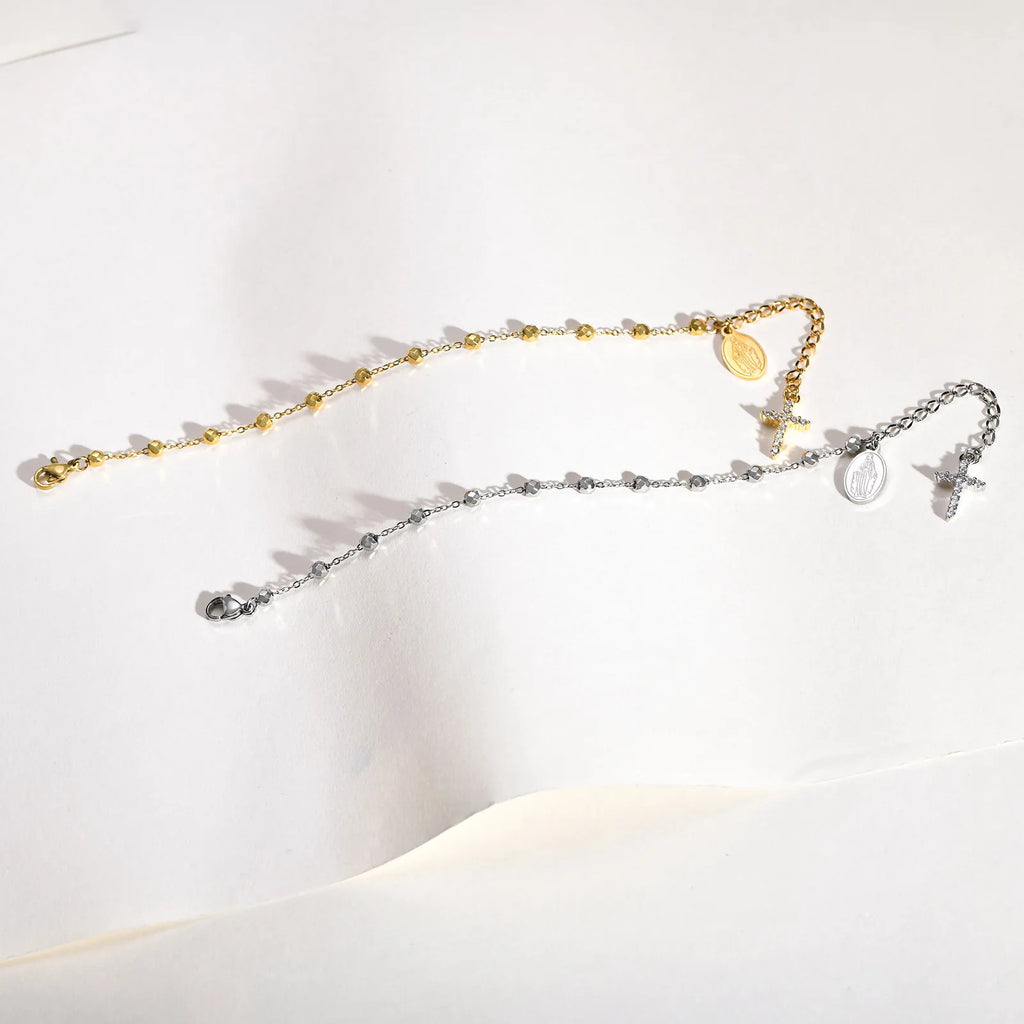Charm Cubic Zirconia Cross Rosary Bracelet for Women, Stainless Steel  Mary Adjustable Link, Religious Jewelry Gift