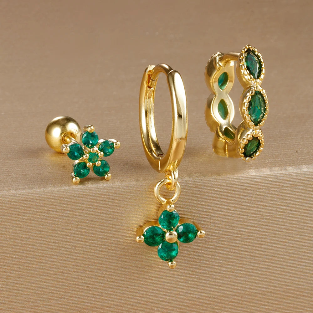 3PCS Gold Colour Chain Flower Drop Earrings Zircon Dangle Earring