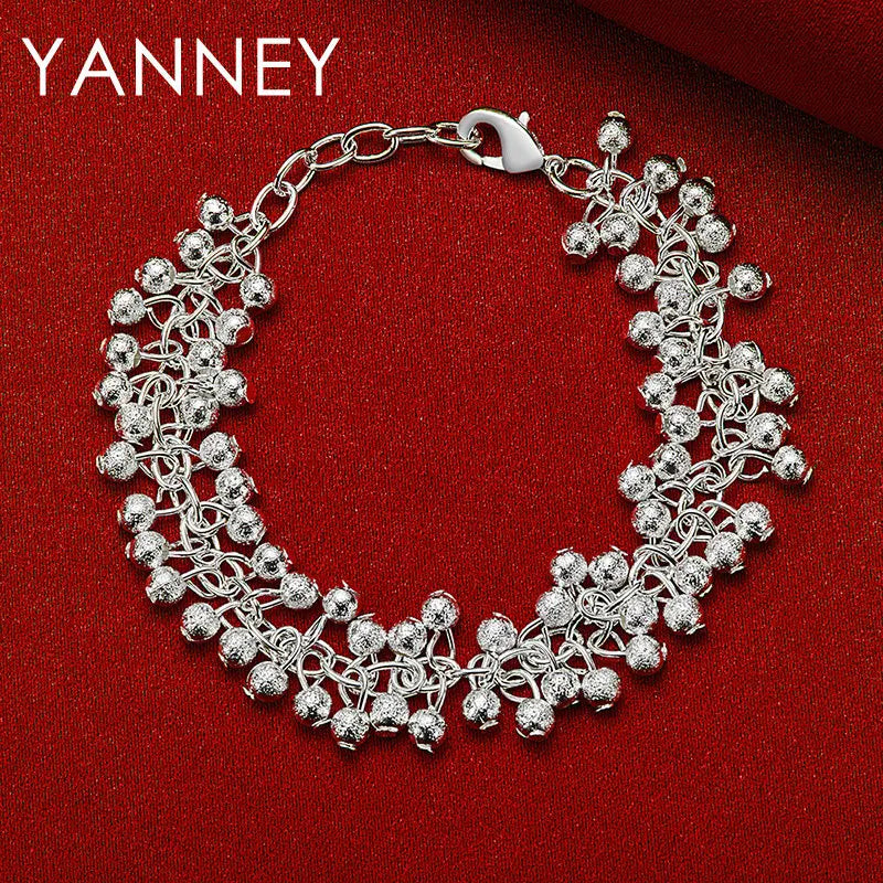 925 Sterling Silver 8-inch Frosted Beaded Bracelet Women Wedding Jewellery