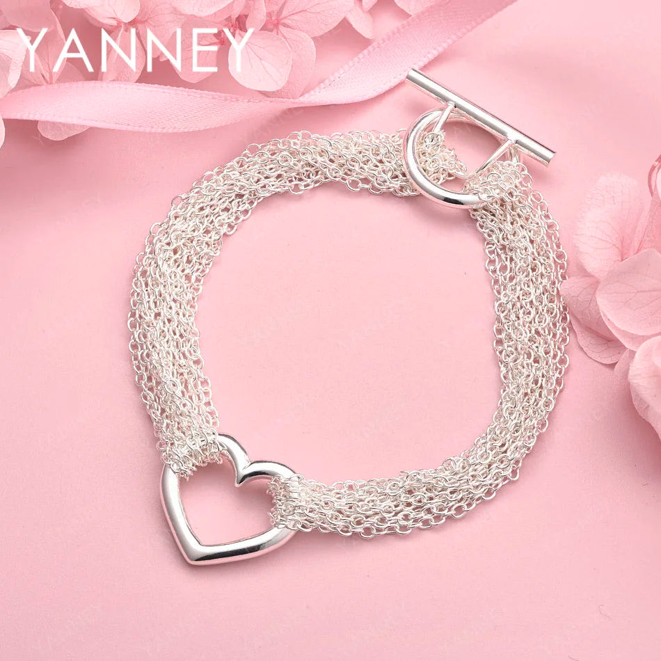 925 Sterling Silver 8-inch Heart Braided Bracelet Women Wedding Jewellery