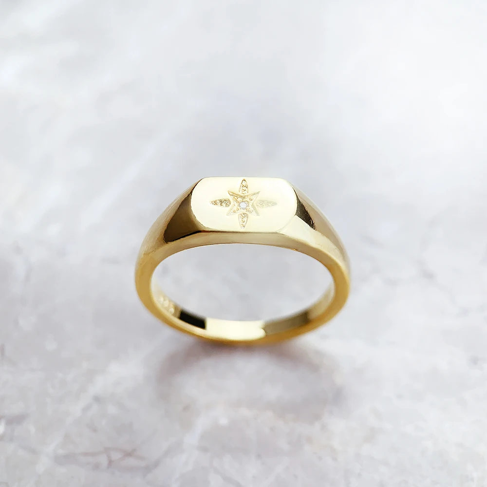 Signet Ring Vintage Star Gold 925 Sterling Silver Nostalgic Jewellery Women