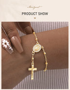 Catholic Cubic Zirconia Rosary Cross Beaded Link Bracelets, Oval Jesus Coss Jewelry, Religion Gold Plated Bracelet
