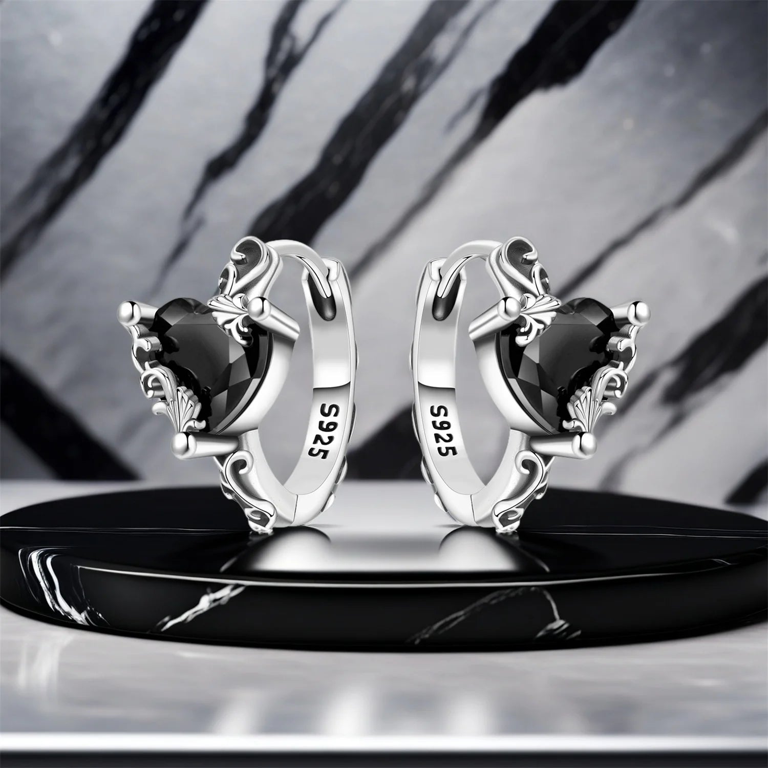 925 Sterling Silver Vine Love Black Zirconia Hoop Earrings Trendy Jewellery