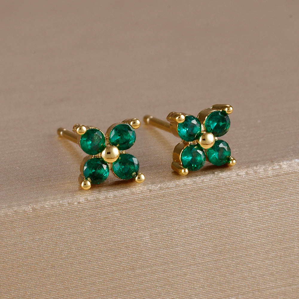 Exquisite Green Zircon Flower Hoop Earrings 18K Gold Plated Steel
