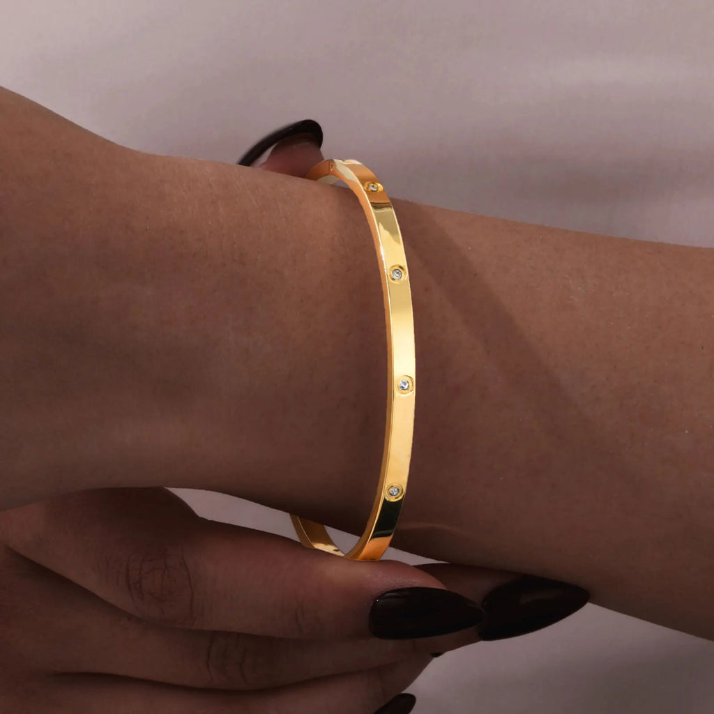 Cubic Zirconia Love Friendship Bracelets,6mm 4mm Women Bangles With CZ Stones, 18K Gold Plated Stainless Steel Jewelry