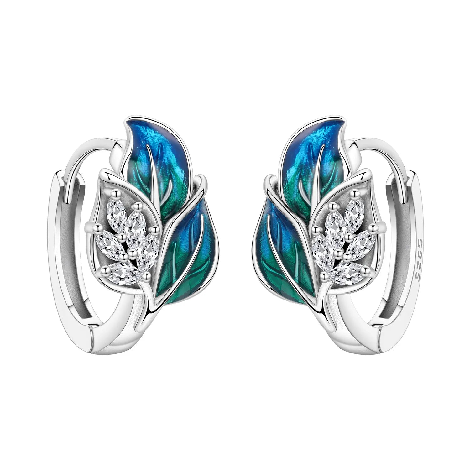 925 Sterling Silver Blue Leaf Plant Ear Studs Hoop Earrings Jewellery Gift
