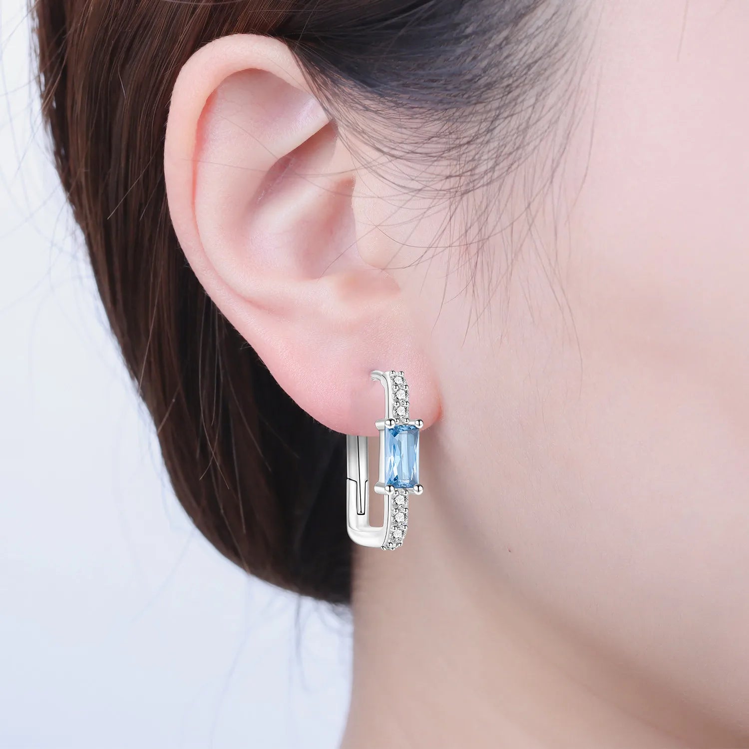 925 Sterling Silver Minimalist Blue Zircon Hoop Earrings Anniversary Gift