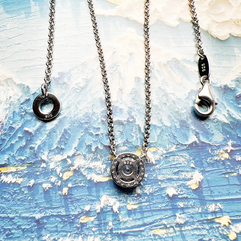 Halo Round Zircon Necklace 925 Sterling Silver Classic Fine Jewellery Gift