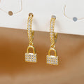 Luxury Zircon Key Lock Asymmetric Hoop Earrings Gold Plated Steel
