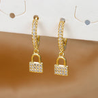 Luxury Zircon Key Lock Asymmetric Hoop Earrings Gold Plated Steel