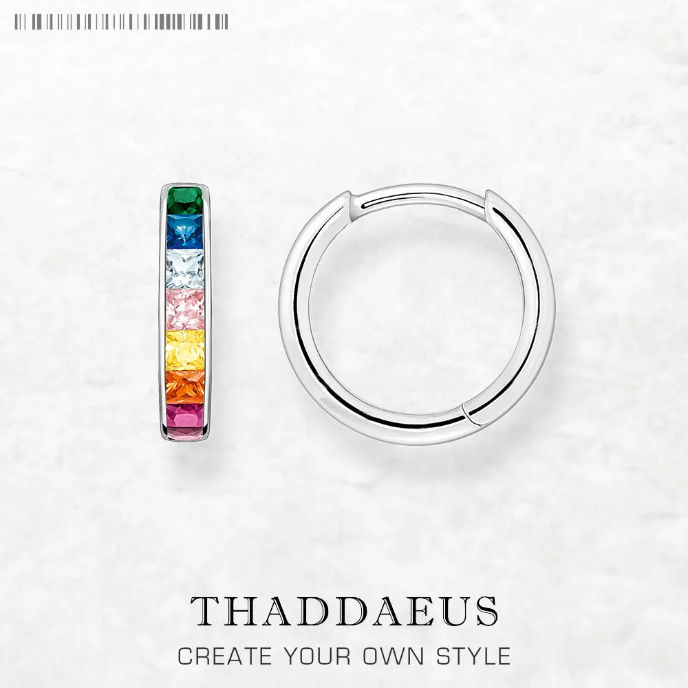 Rainbow Stone Hoop Earrings Creole 925 Sterling Silver Bohemia Gift