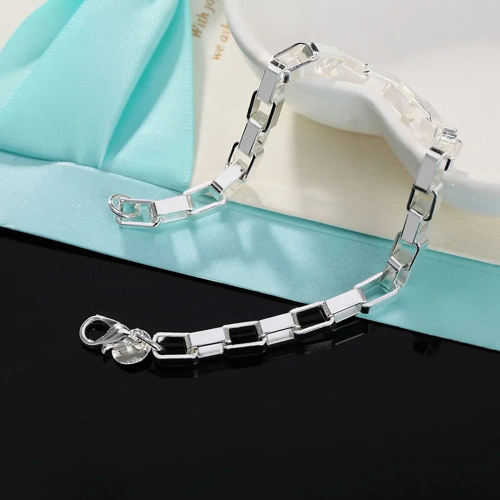 Classic Long Square Chain Bracelet 925 Sterling Silver Men Women Wedding