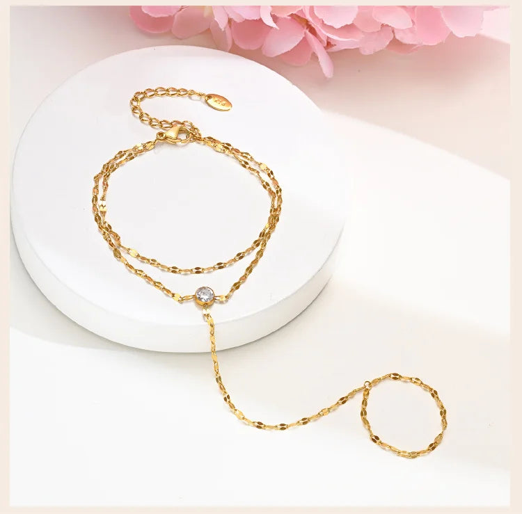 Stainless Steel Hand Chain Ring Bracelet for Women, Adjustable Gold Plated Doule-layer Bracelets, Christmas Party Jewelry