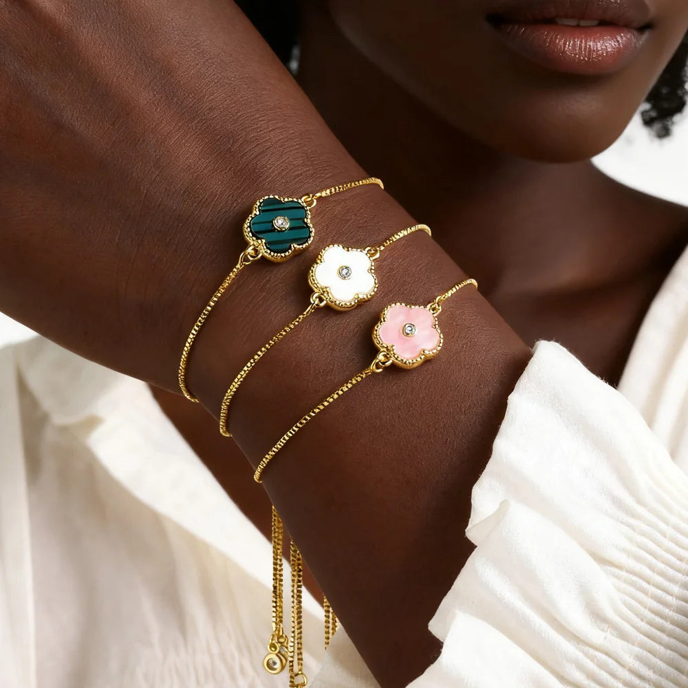 Stainless Steel Leaf Flower Bracelet Adjustable Woman Girl AAA Zirconia Inlay Christmas Gift