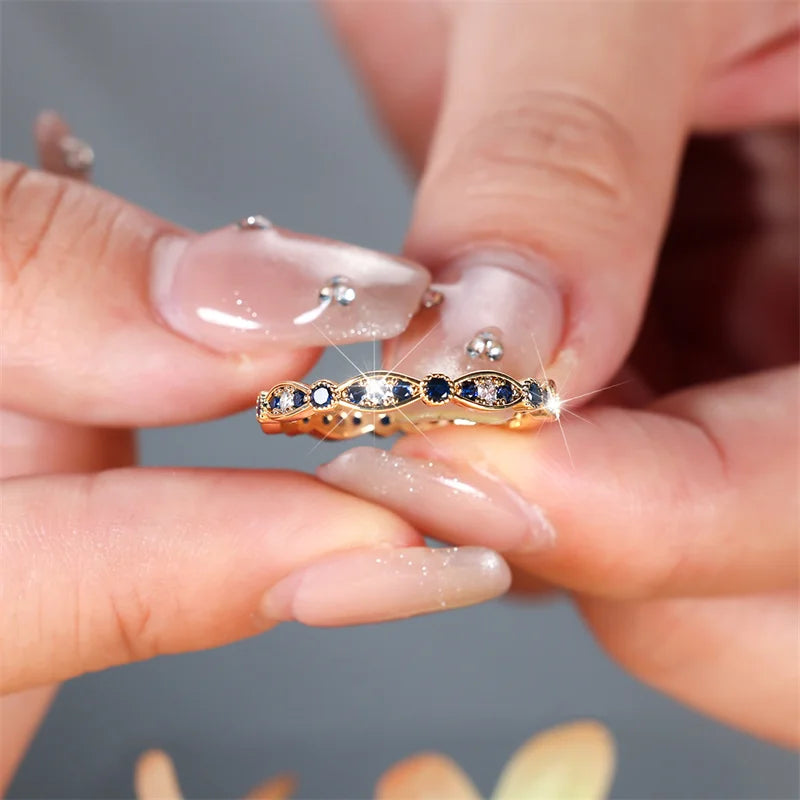 Delicate Tiny Royal Blue Stone Stacking Thin Rings For Women Gold Color White Zircon Wedding Bands Female Daily Party Jewelry CZ