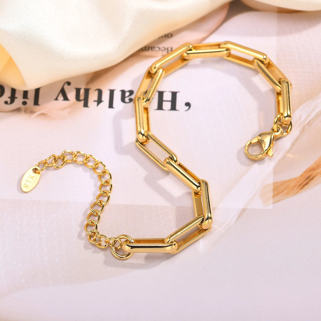 6mm Paperclip Chain Bracelet 18k Gold Plated Stainless Steel Link Adjustable Stackable Jewelry for Women Girls Gift