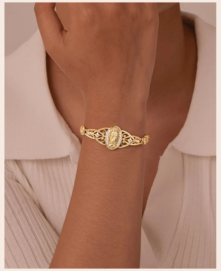 Guadalupe Virgin Mary Bracelet for Women, Zirconia Catholic Bracelet Bangle, Religious Baptism Hypoallergenic Non Tarnish