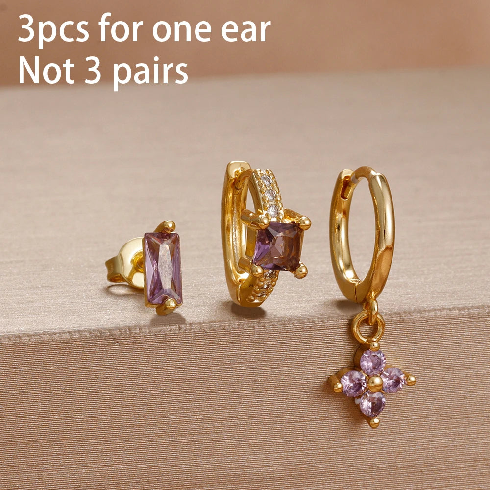 3pcs Purple Cubic Zirconia Piercing Earring Set Stainless Steel