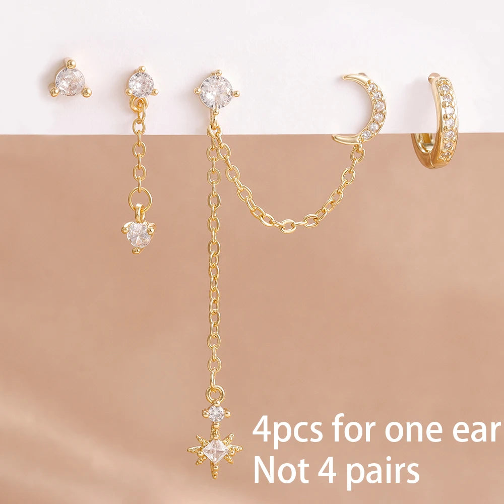 4PCS Women's Earrings Set Stainless Steel Zirconia Moon Star Punk