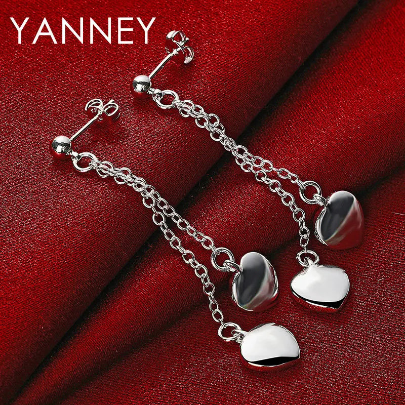 925 Sterling Silver 45mm Tassel Heart Earrings Women Wedding Engagement Gift