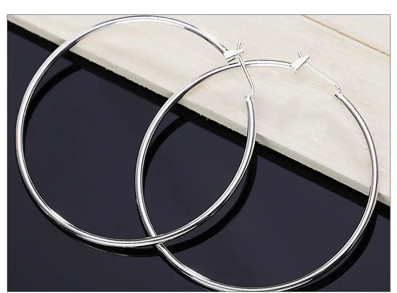 925 Sterling Silver 50mm Simple Circle Earrings Women Engagement Hip Hop Gift