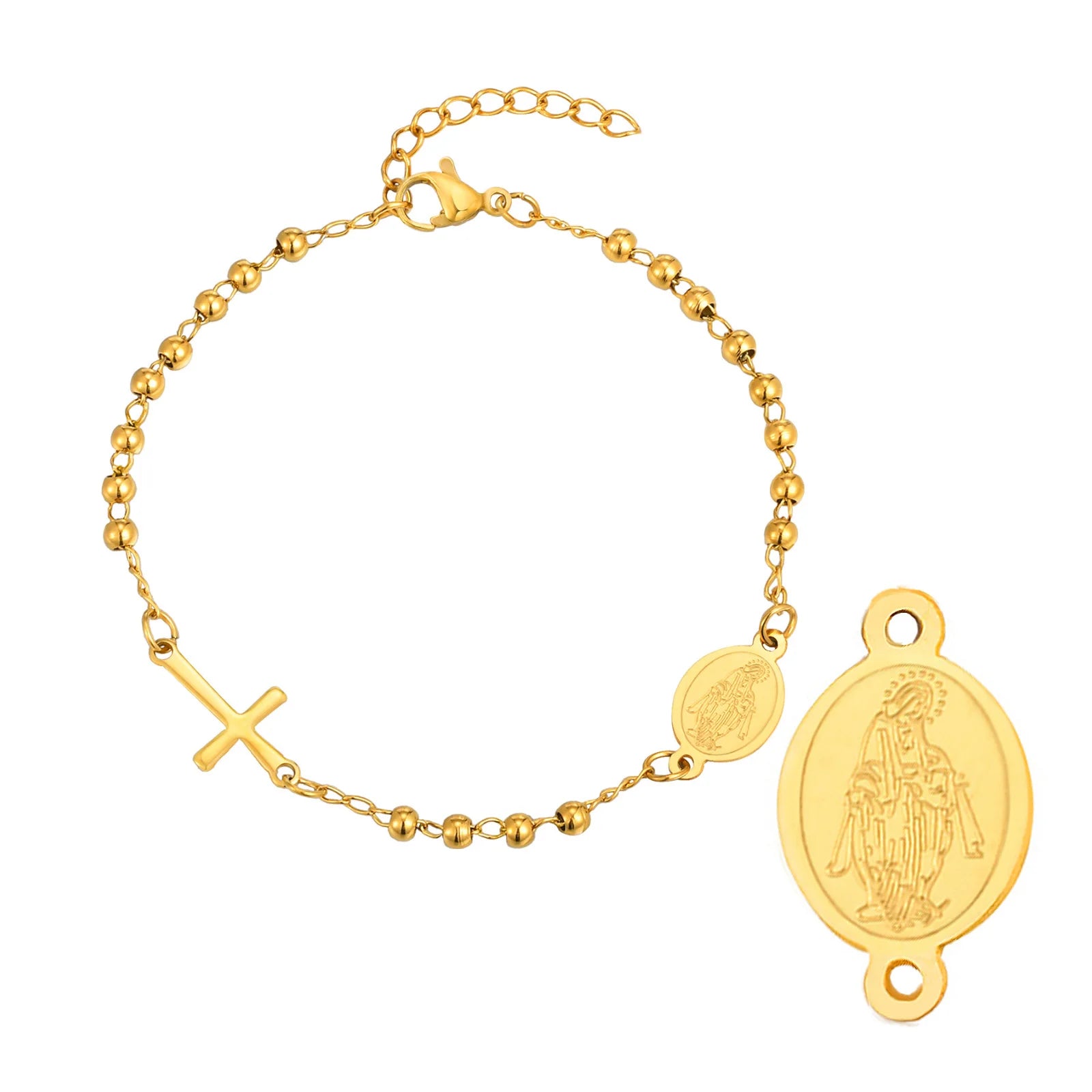Stainless Steel Virgin Mary St Benedict Cross Bracelet, Bead Chain Bracelet Women Religious Jewelry