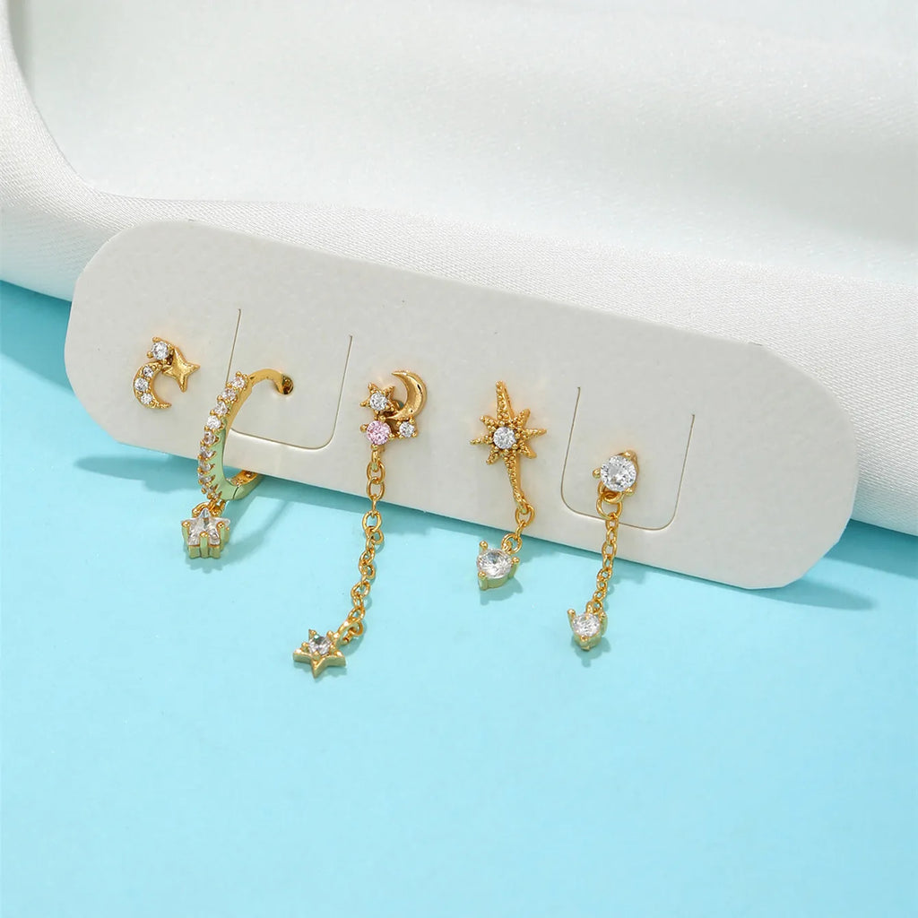 1PC Stainless Steel Cubic Zirconia Chain Hoop Earrings Star Moon