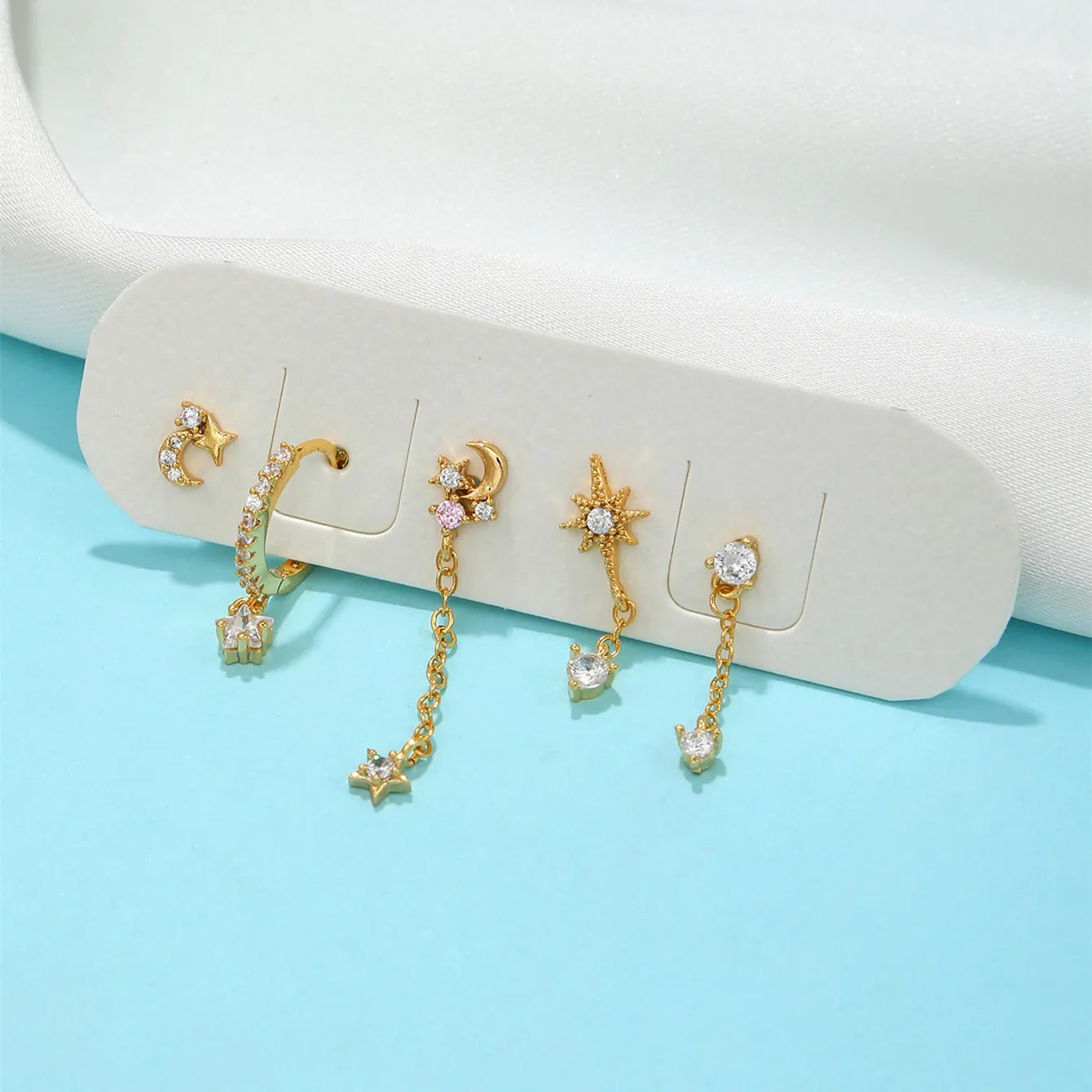 1PC Stainless Steel Cubic Zirconia Chain Hoop Earrings Star Moon