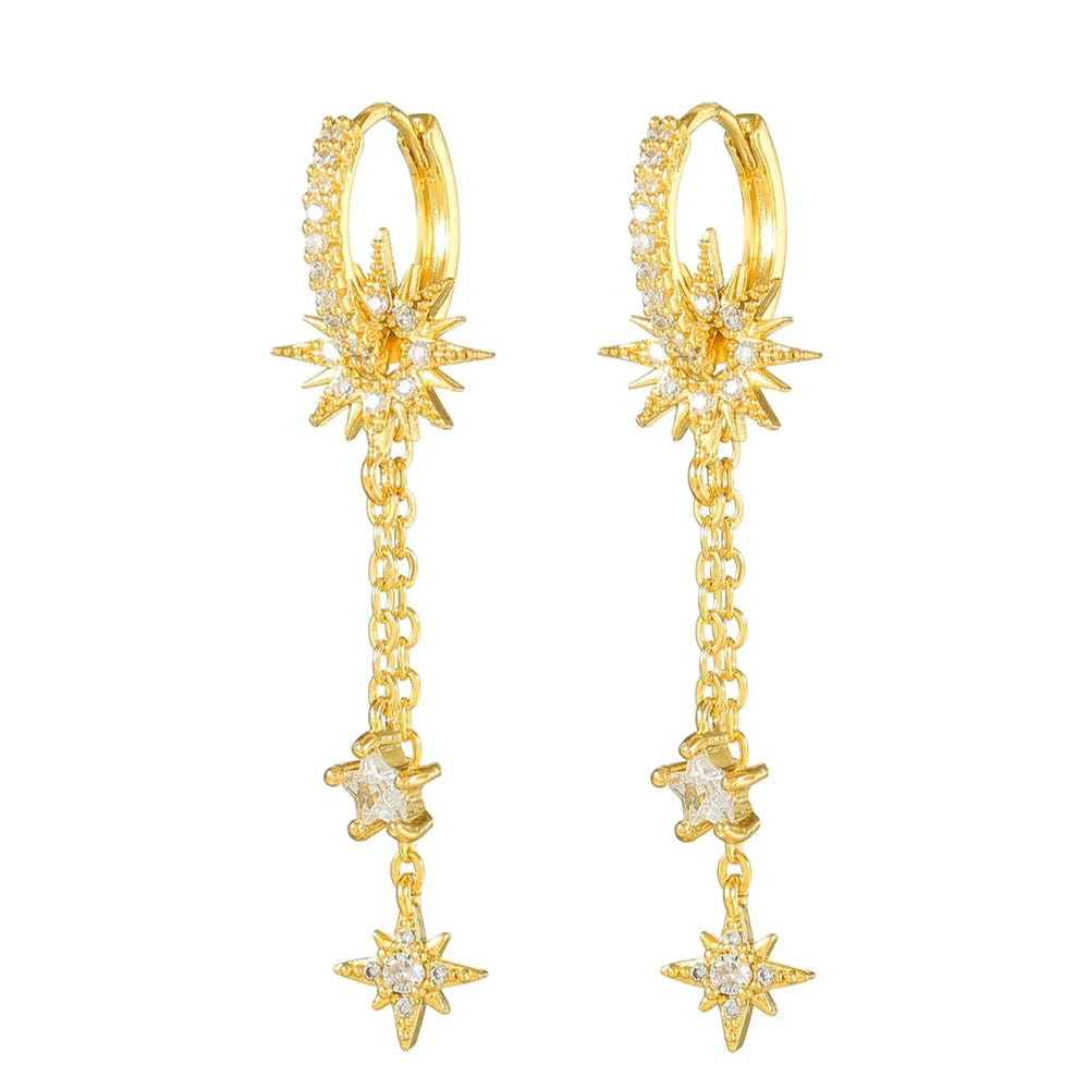Vintage Stainless Steel Zirconia Sun Star Dangle Earrings Punk Rock