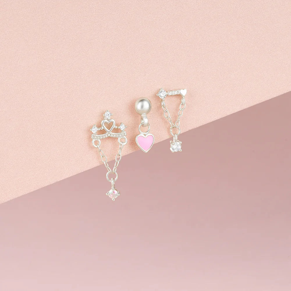 3PCS Stainless Steel Heart-Shaped Dangling Earrings Tassel Chain
