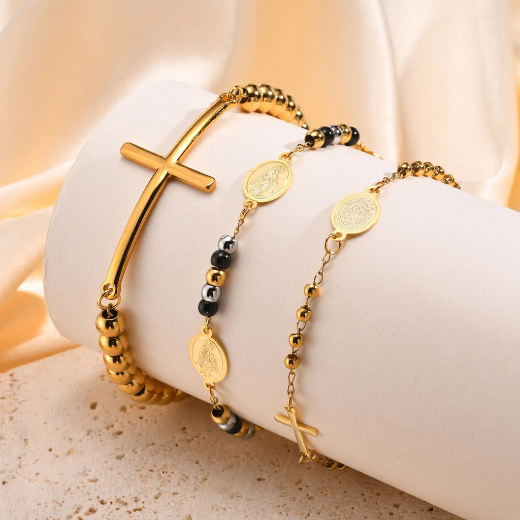 Beads Chain Virgin Mary Bracelet For Women, Stainles Steel Rosary Cross Bracelets, Gold Plated Faith Jewelry Gift