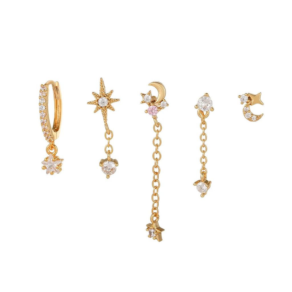 1PC Stainless Steel Cubic Zirconia Chain Hoop Earrings Star Moon