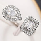 925 Sterling Silver Sparkling Zircon Water Drop Square Geometry Adjustable Ring Party Fine Jewellery