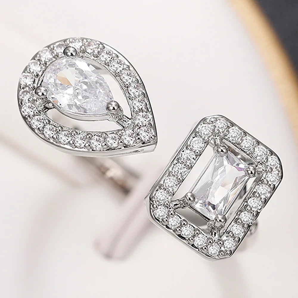 925 Sterling Silver Sparkling Zircon Water Drop Square Geometry Adjustable Ring Party Fine Jewellery
