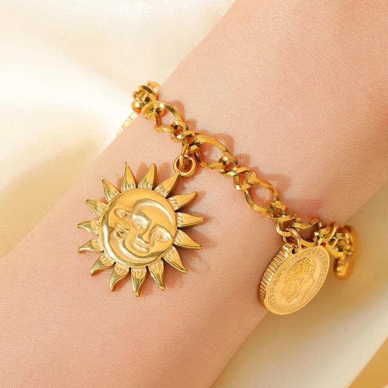 Golden Sun Moon Starfish Stainless Steel Bracelet Handmade Wrist Chain