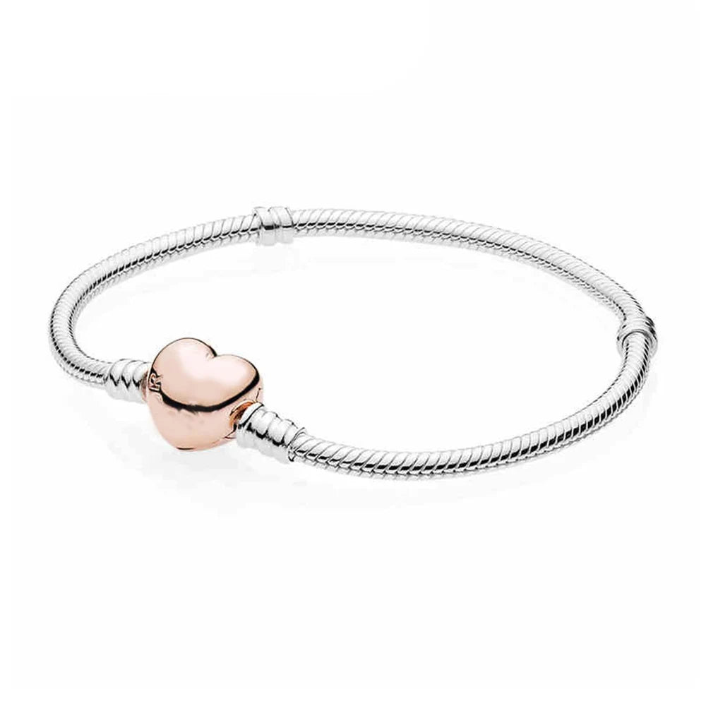 For Women 925 Sterling Silver Moments Heart Closure Bracelet Classic Snake Chain Jewelry Gift Fit Original Charm DIY