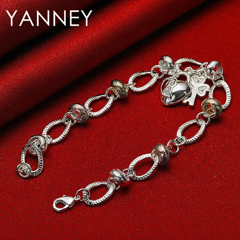 925 Sterling Silver 8-inch Heart Four-Leaf Clover Bracelet Women Party Gift