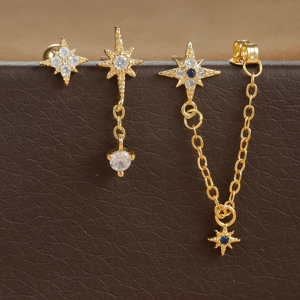 3PCS Gold Colour Star Earrings Set Zircon Pendant Stainless Steel