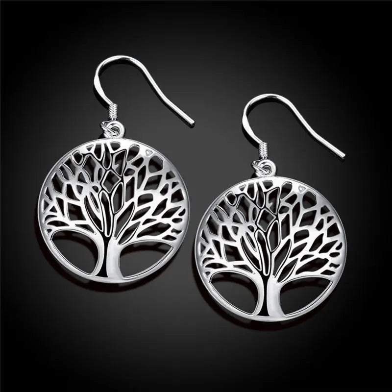 925 Sterling Silver 40mm Round Tree of Life Earrings Women Fashion Wedding