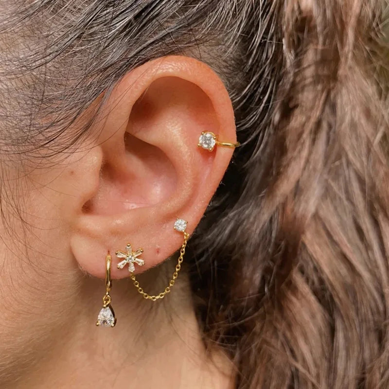Fashion Stainless Steel Zirconia Chain Small Hoop Earrings Flower Pendant
