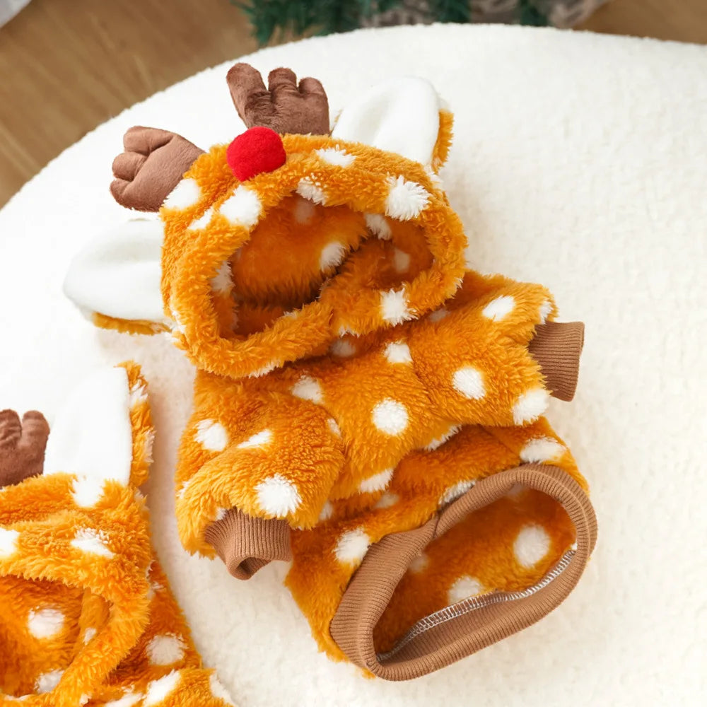 Festive Reindeer Pet Costume Cozy Plush Dog Cat Hoodie Outfit Winter Photo