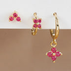 3PCS Stainless Steel Rose Red Zircon Flower Dangle Earring 18K Gold