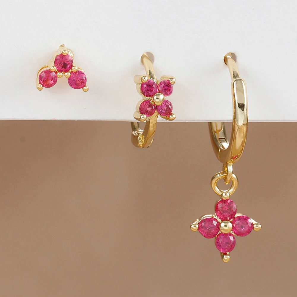 3PCS Stainless Steel Rose Red Zircon Flower Dangle Earring 18K Gold