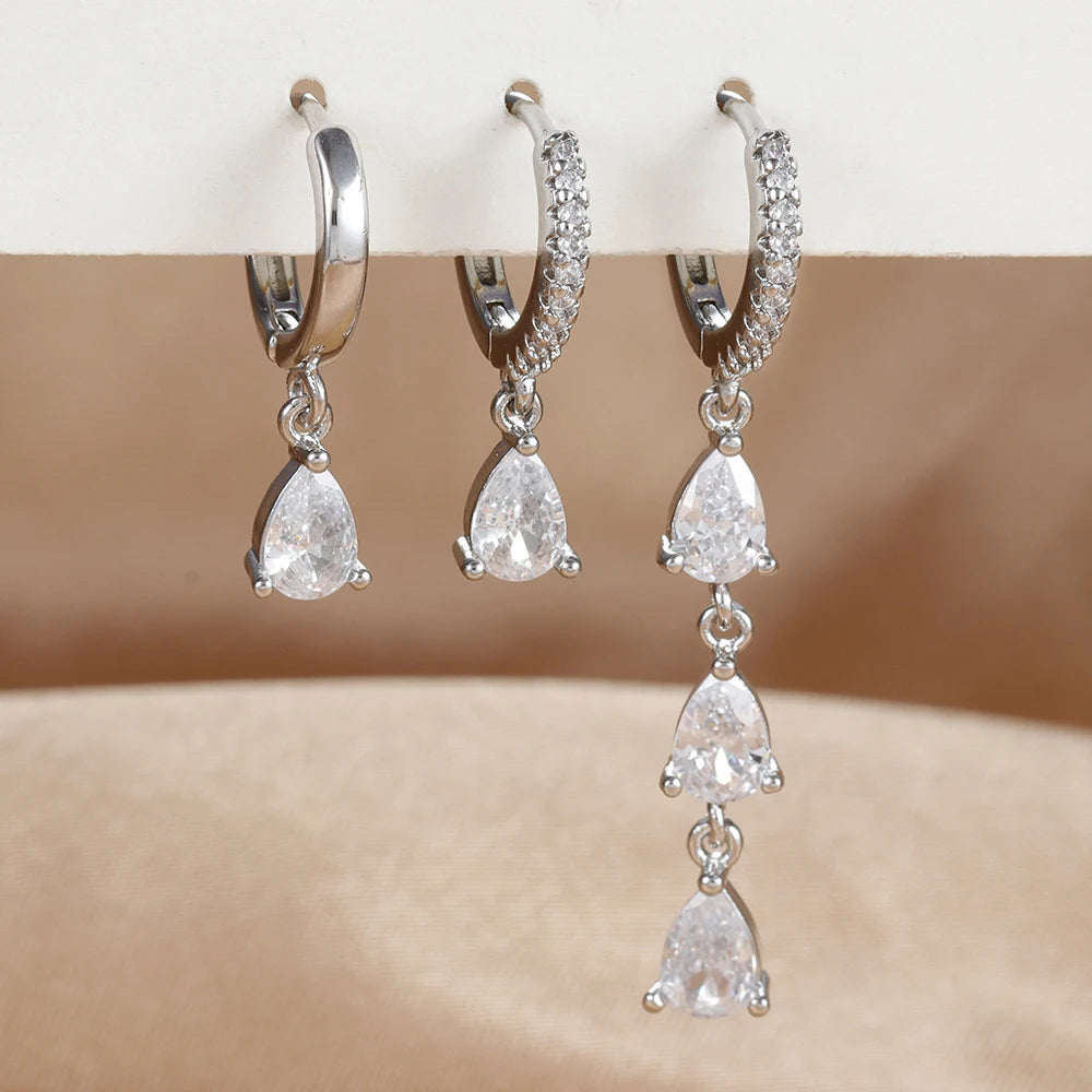 3PCS Stainless Steel Zircon Water Drop Hoop Earrings 18K Gold Heart